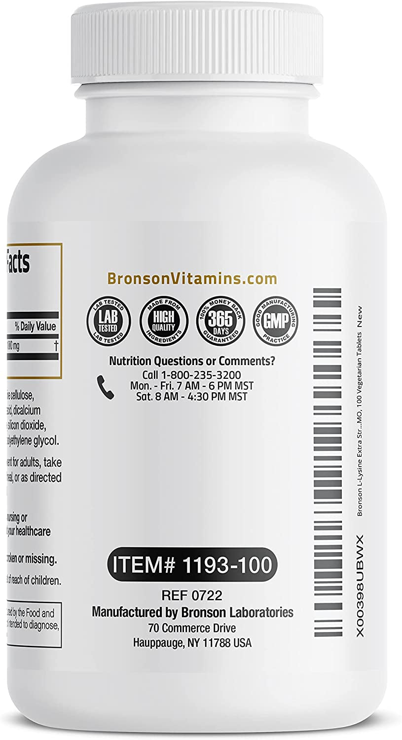 Bronson L-Lysine Extra Strength 1000 MG per Tablet High Potency, Immune Support & Supports Collagen Synthesis, Non-Gmo, 100 Vegetarian Tablets