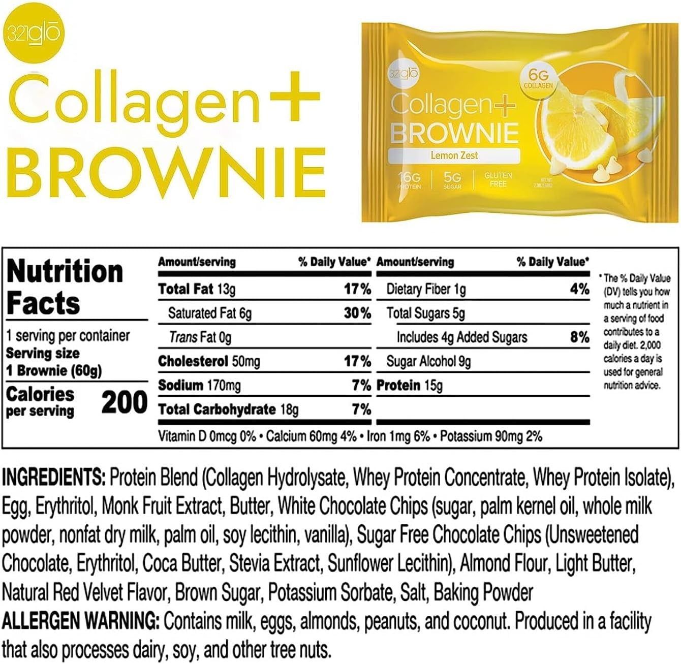 321Glo Collagen Protein Brownie | Gluten Free, Low Sugar | Keto Snack for Women, Men, & Kids | 16G Protein, 6G Collagen | 12 Pack (Lemon Zest)