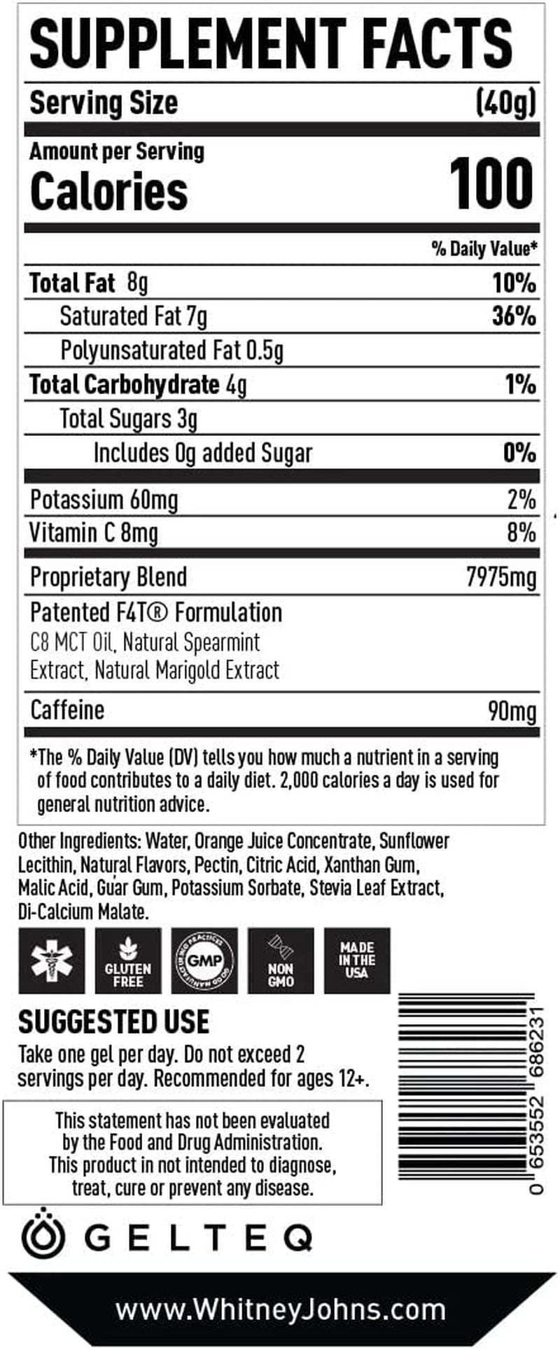 Whitney Johns - Brain Booster Gel Packs, Neuro Enhancer, Brain Supplements for Memory & Focus, Reduce Brain Fog Elevate Ketones, C8 MCT-F4T - Zero Added Sugar, 90Mg Caffeine, 12 Go Anywhere Gel Packs