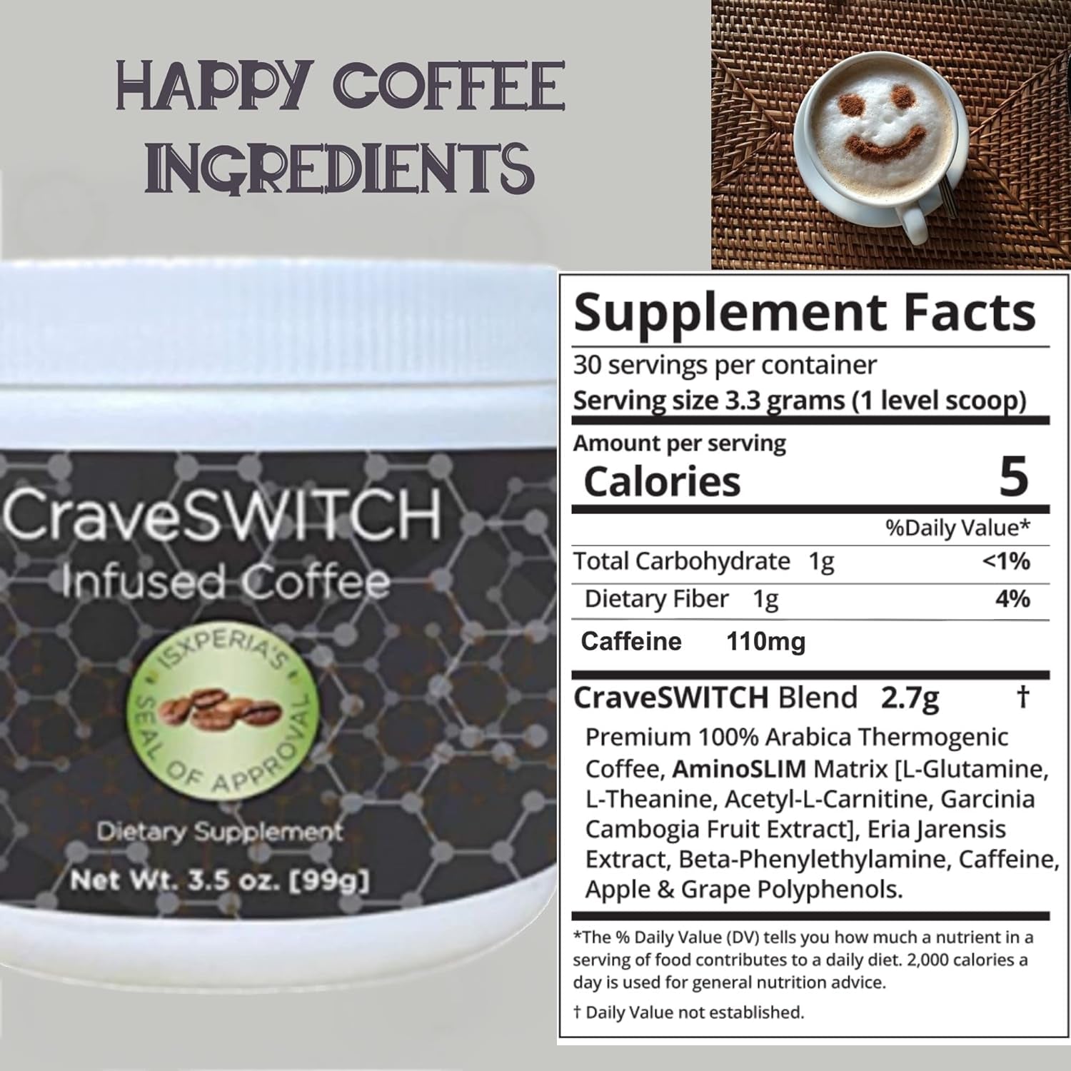 Isxperia Craveswitch Bold Coffee - Colombian Arabica Coffee with Antioxidants - Infused Nootropic Thermogenic Smart Coffee - Naturally Support Energy Levels - 3.5 Oz Powder Mix, 30 Servings