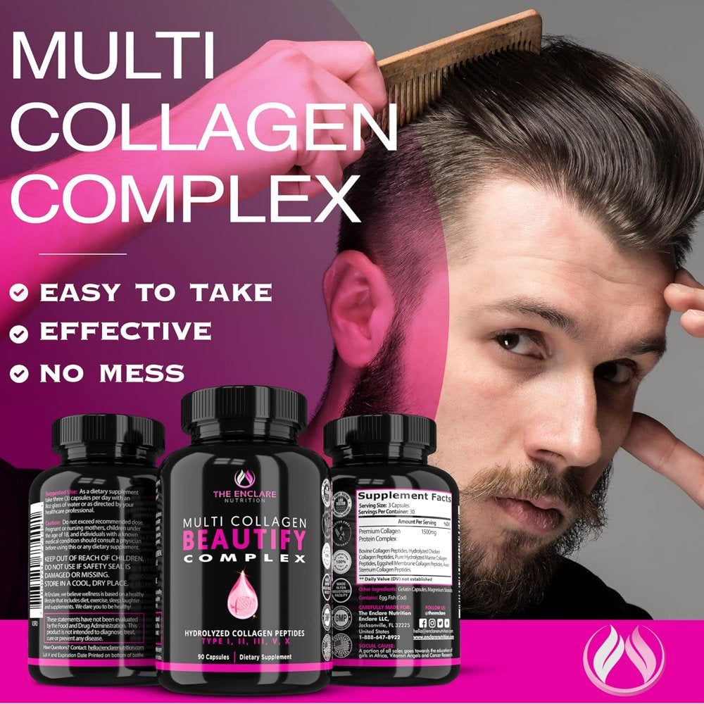 Collagen Pills Multi Collagen Complex Type I, II, III, V, X - Hydrolyzed Collagen Peptides Capsules, Hair Skin and Nails Vitamins, Joint Support, 90 Ct. - Enclare Nutrition Beautify