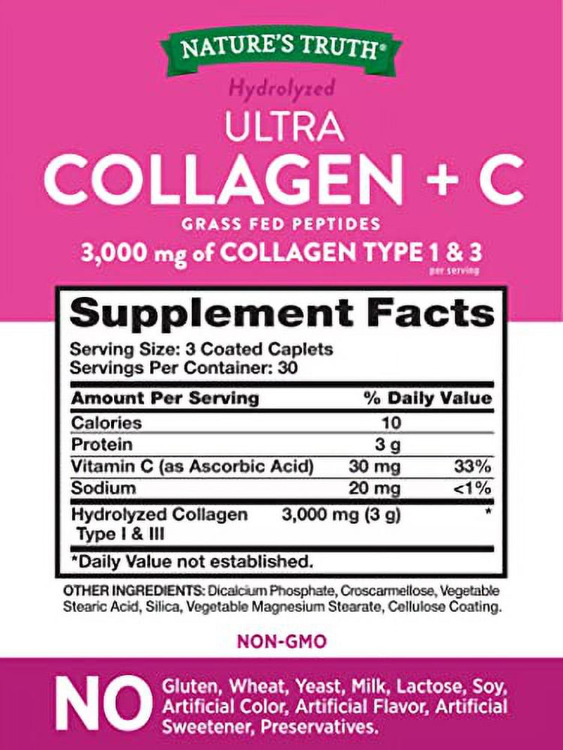 Nature'S Truth Hydrolyzed Collagen Peptides | 90 Caplets | Type 1 and 3 with Vitamin C | Grass Fed, Non-Gmo, Gluten Free Pill Supplement