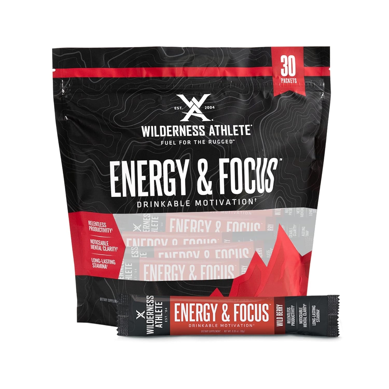 Wilderness Athlete - Energy & Focus | Energy Booster for Women & Men - Energy Drink Mix with Natural Caffeine - Low-Carb, Zero Sugar Energy Drink Powder - 30 Serving Energy Drink Packets (Wild Berry)