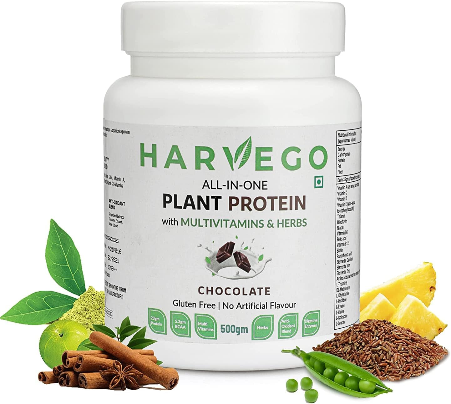 Pexal Harvego Plant Protein (23Gms Vegan Protein) with Multivitamins, Minerals, Herbs, Anti-Oxidants & Digestive Enzymes for Everyday Fitness. Chocolate- 500Gm