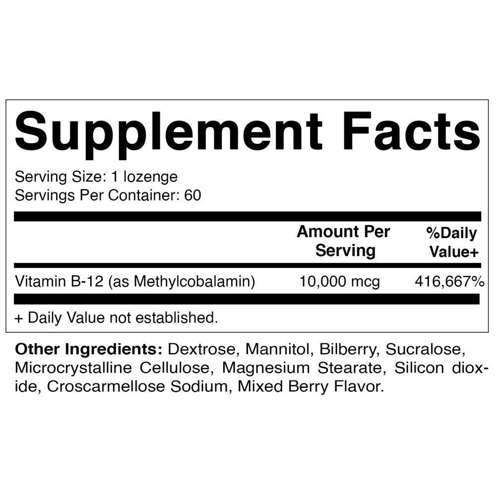 Vitamatic Methyl B12 (Methylcobalamin) 10,000 Mcg 60 Lozenges - Superior Source of Vitamin B12