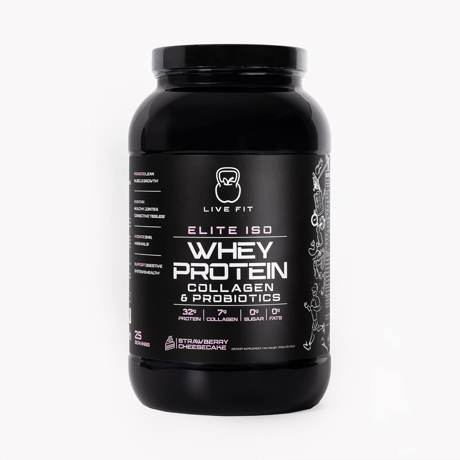 LIVE FIT Whey Protein Isolate Powder,32G of Protein, Collagen, Probiotics, Strawberry Cheesecake,100% Grassfed Whey Protein, Keto Friendly, Sugar-Free, Great for Post-Workout,1.5G Net Carbs