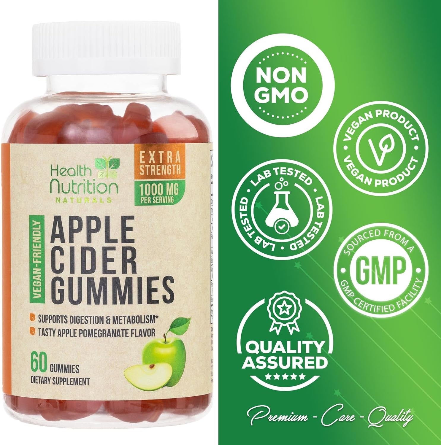 Vegan Apple Cider Vinegar Gummies | Max Strength 1000Mg | ACV Supplement Gummy for Adults, Supports Healthy Digestion, Metabolism, Natural Apple Flavor with Mother, Gluten Free, Non-Gmo - 60 Gummies