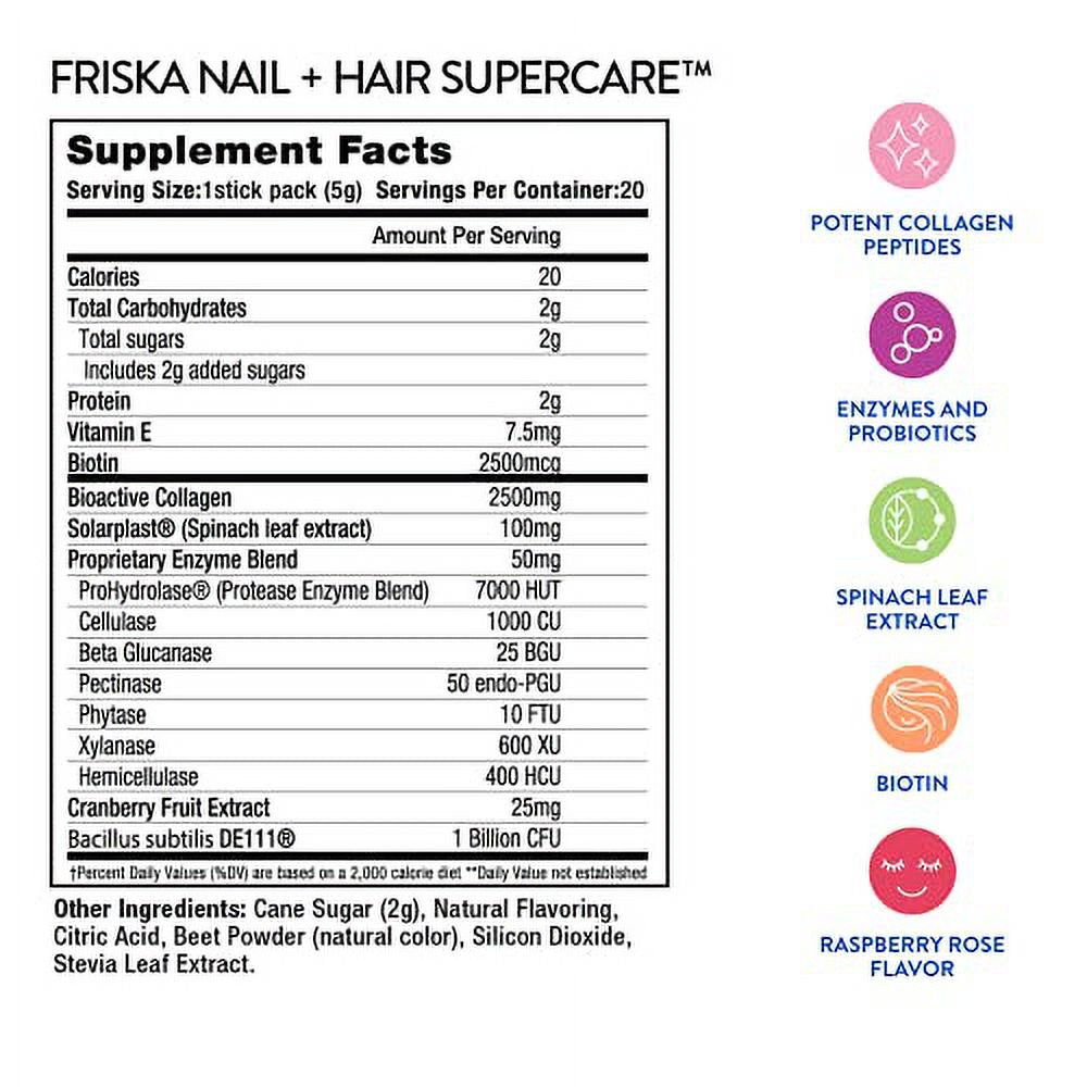 FRISKA Nail & Hair Supercare | Biotin & Collagen Supplements Beauty Boost | Digestive Enzyme & Probiotics for Women | Raspberry Rose Flavor | 20 Stick Packs