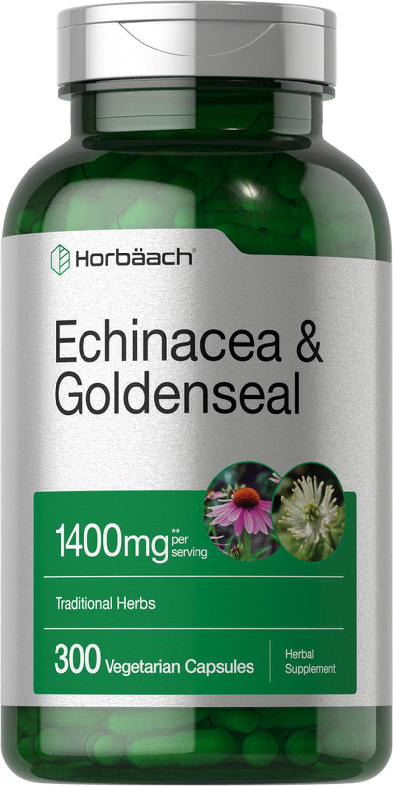 Echinacea Goldenseal Extract | 1400Mg | 300 Vegetarian Capsules | by Horbaach