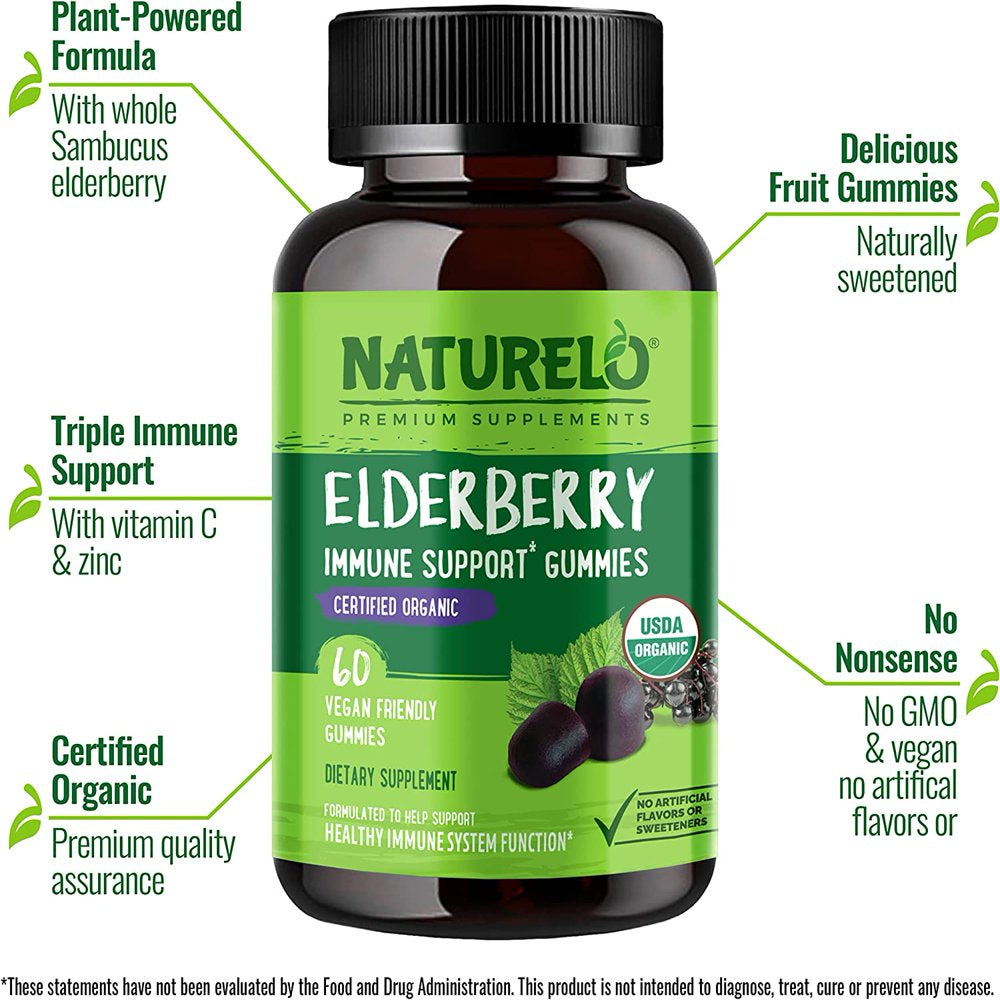 NATURELO Elderberry Gummies – Immune Support with Sambucus Elderberry + Vitamin C + Zinc – Certified Organic, 60Ct