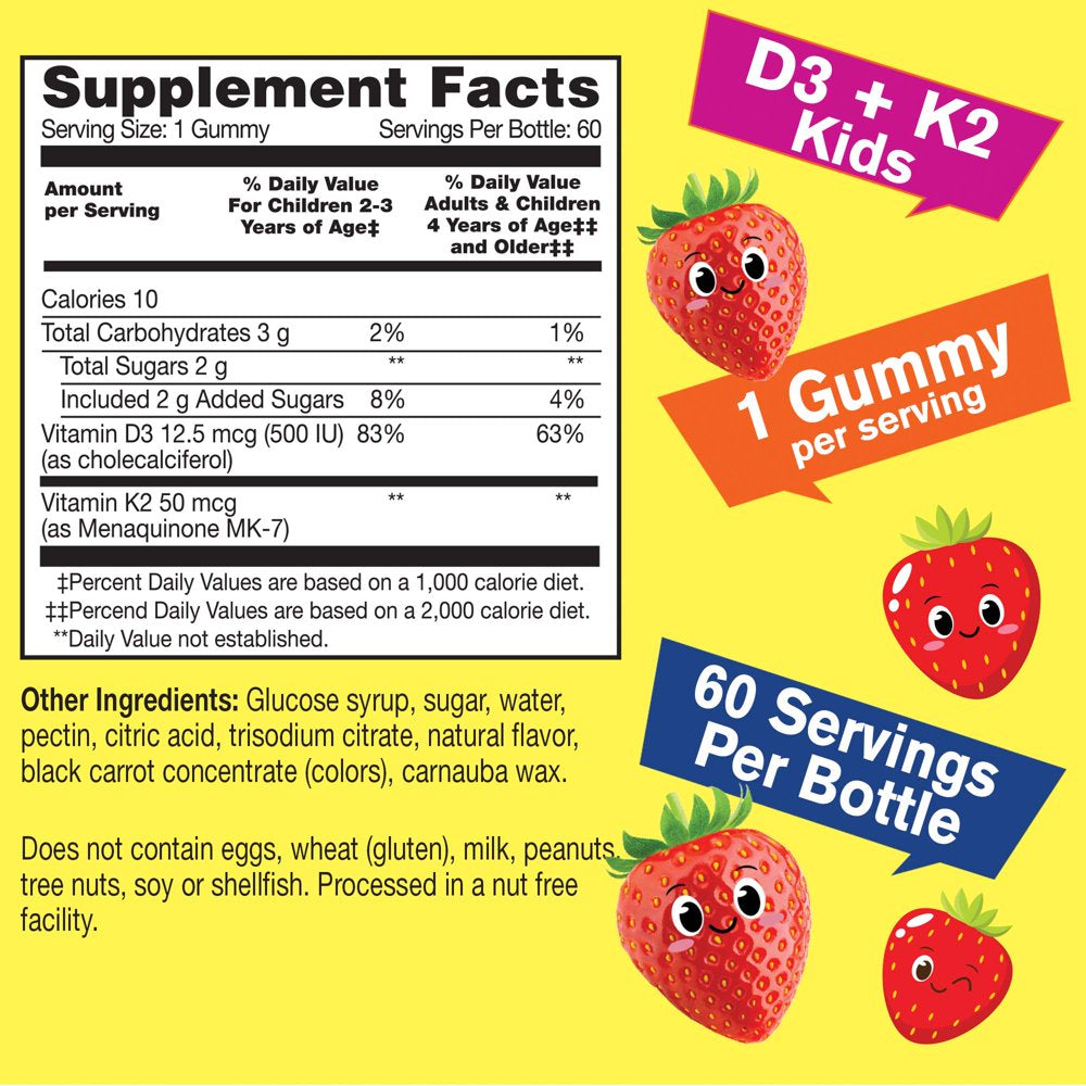 Wellyeah Vitamin D3 + K2 for Kids Gummies - Vitamin D3 1000 IU, K2 100 MCG - Bone and Muscle Health Support, Natural Flavors, GMO Free, Gluten Free, Vegan - K2 D3 Vitamin Supplement- 60 Gummies