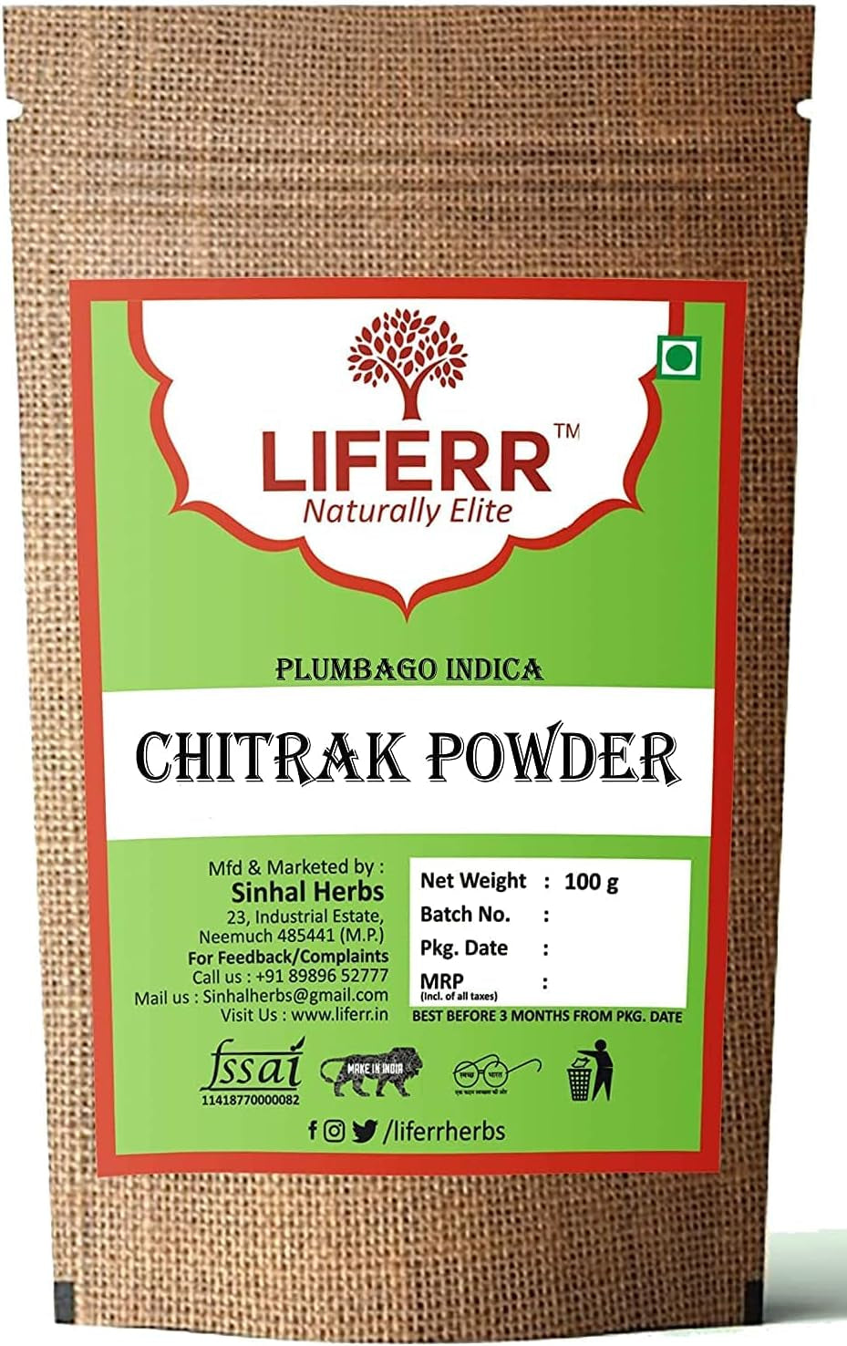 PUB LIFERR Chitrak Mool Powder | Plumbago Zeylanica Powder | Chitrak Roots Powder | Sheetaraj | चित्रक मूल पाउडर | 100G