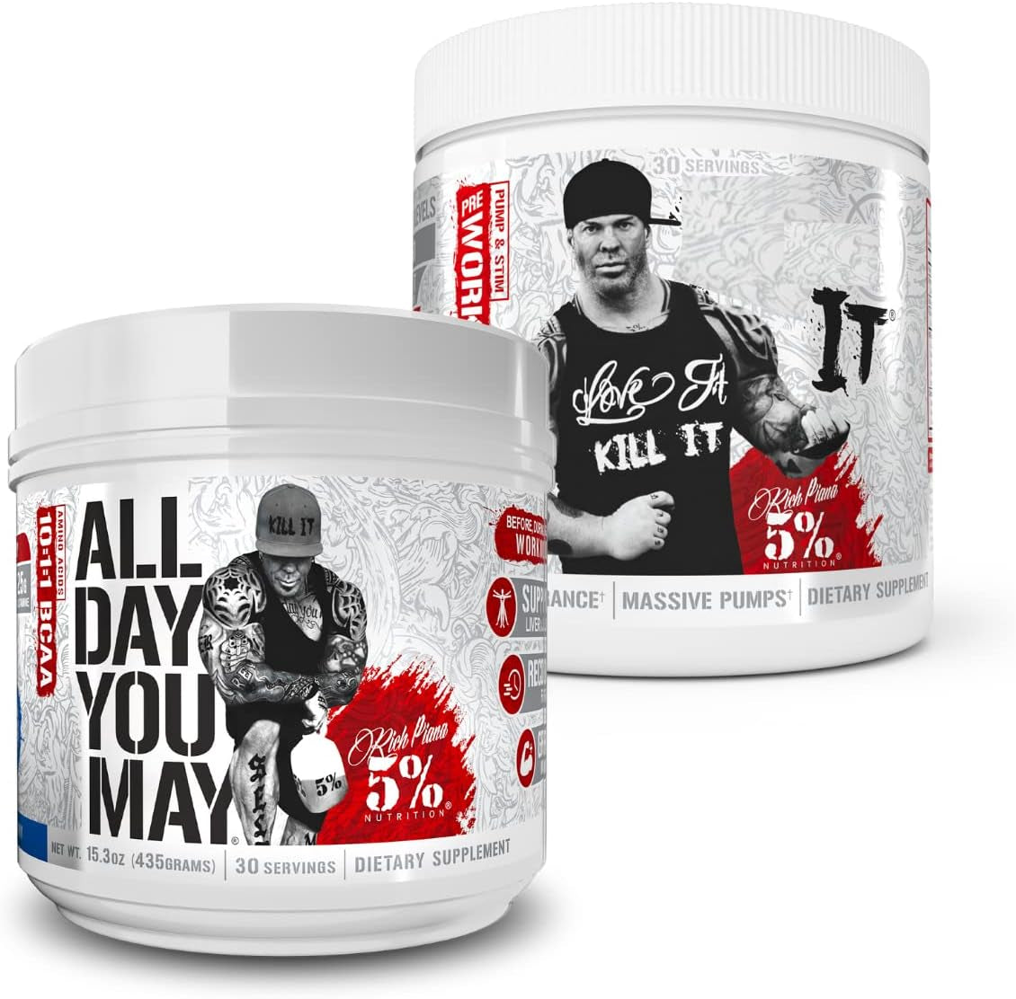 5% Nutrition Rich Piana Bundle | Alldayyoumay BCAA Powder + Kill It Pre-Workout (Blue Raspberry)