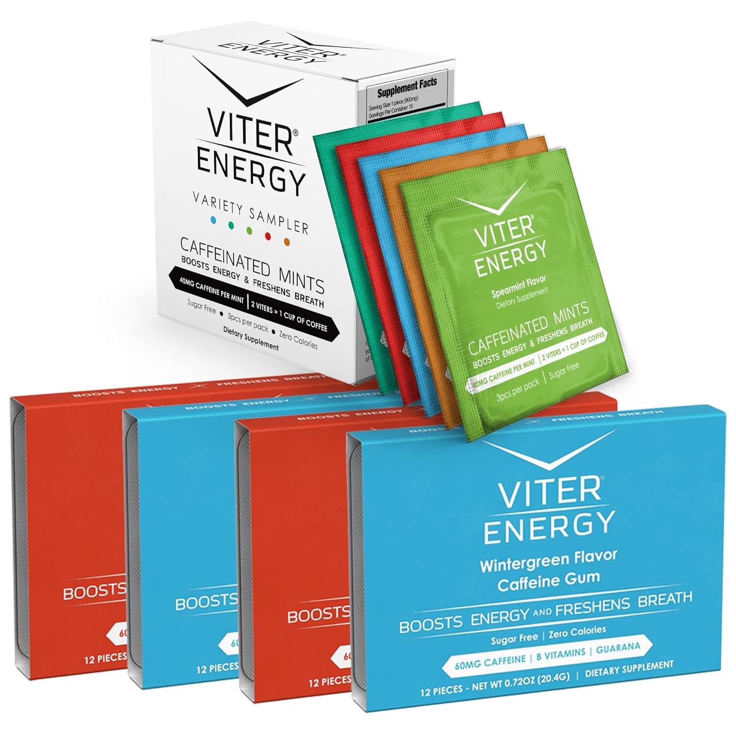 Viter Energy 60Mg Caffeine Gum Variety and Original 40Mg Caffeine Mints Variety Sampler Packs Bundle - Caffeine, B Vitamins, Sugar Free, Vegan, Powerful Energy Booster for Focus & Alertness