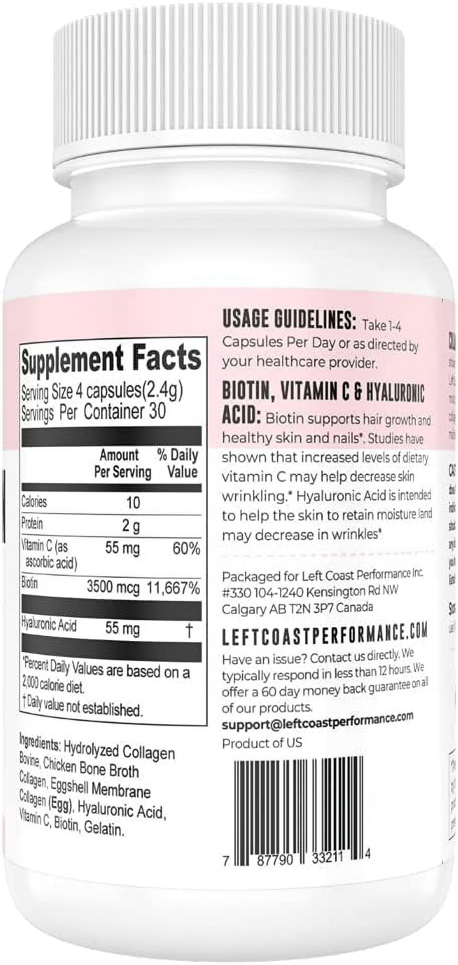 Left Coast Performance Collagen Peptide Pills | Collagen with Vitamin C and Biotin | Hydrolyzed Collagen Capsules - 120 Ct