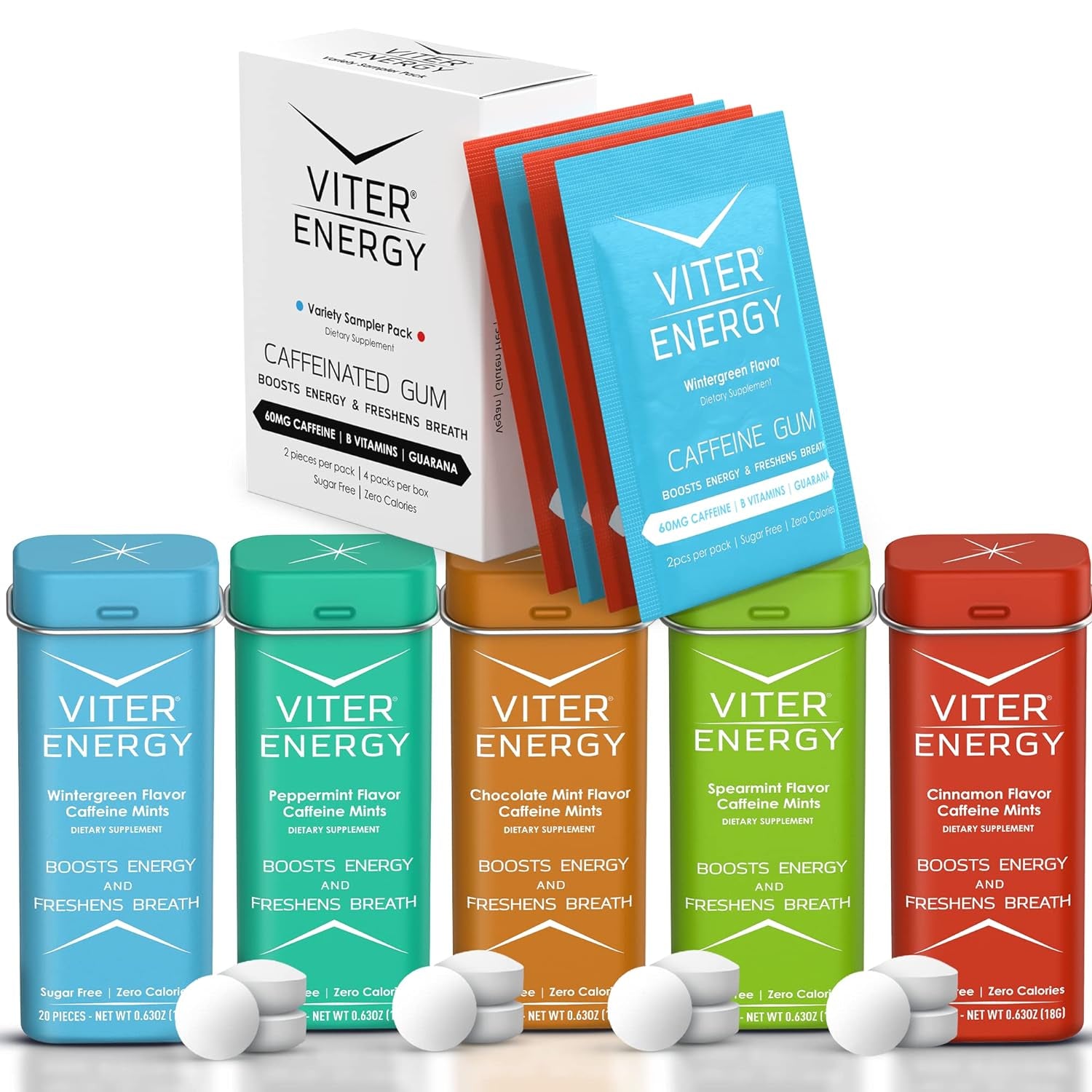 Viter Energy Caffeine Gum Variety Flavor Sampler and Original 5 Flavor Caffeine Mints Variety Packs Bundle - Caffeine, B Vitamins, Sugar Free, Vegan, Powerful Energy Booster for Focus and Alertness