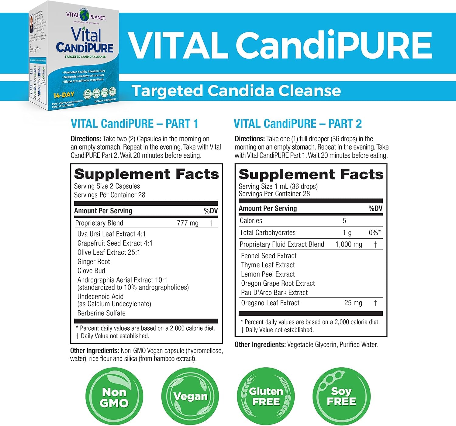 Vital Planet - Vital Candipure Intestinal Cleanse Formulated to Maintain a Healthy Intestinal Balance, 2-Part - 14 Day Kit, 56 Capsules, and 1Fl Oz Liquid Herbal Extract