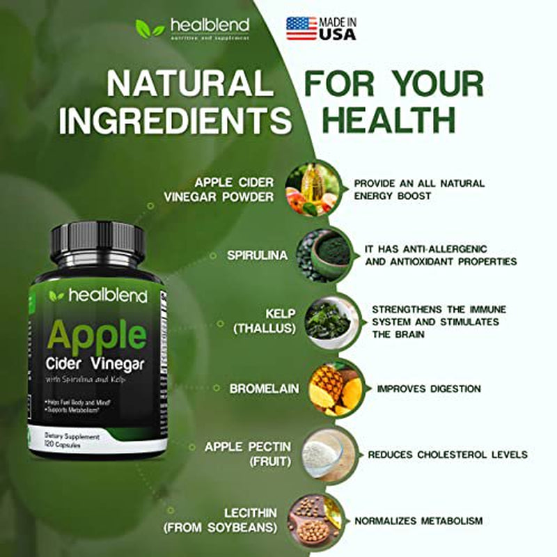 Healblend Apple Cider Vinegar with Spirulina and Kelp – Metabolism, Detox and Immune Support Formula - 120 Capsules