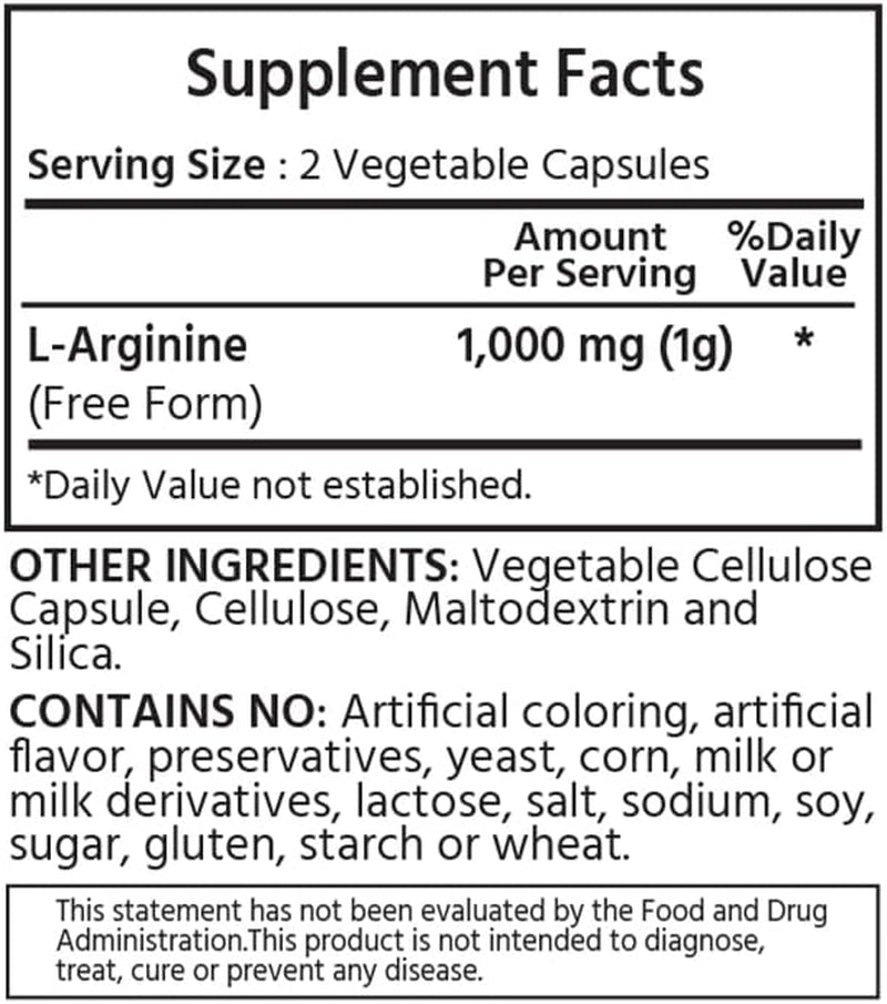 ML Naturals Pure L-Arginine 1000 Mg 180 Vegetable Capsules. Amino Acid, Nitric Oxide Stimulator, and Supports Heart Health.