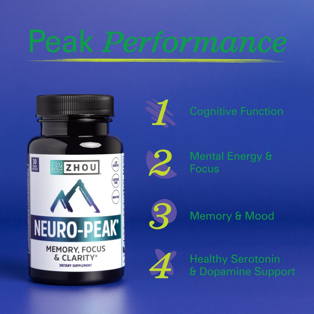 Zhou Neuro Peak Brain Support Supplement | Memory, Focus & Clarity Formula | DMAE, Rhodiola Rosea, Bacopa Monnieri, Ginkgo Biloba & More | 30 Vegcaps