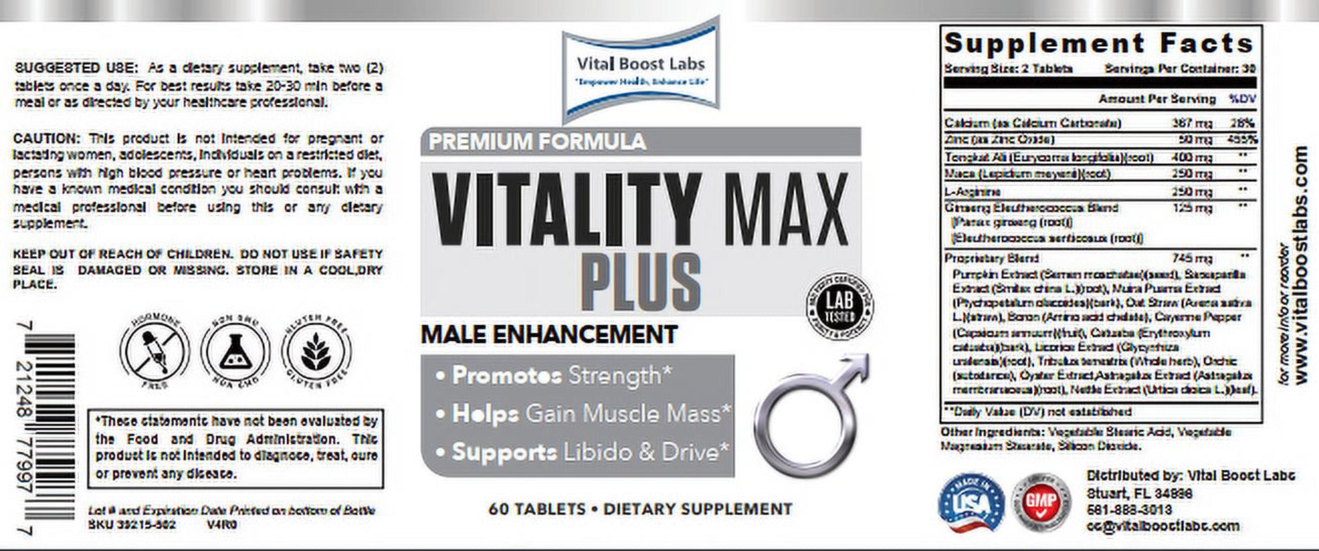 VITALITY MAX plus (MALE ENHANCEMENT) 60 TABLETS - VITAL BOOST LABS