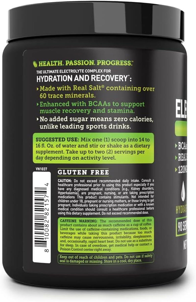 Electrolyte Powder Recovery Drink + Energy (90 Servings | Green Apple) W Real Salt +Bcaas Sugar Free Electrolyte Supplement W Potassium Zinc & Magnesium for Hydration - Keto Electrolytes