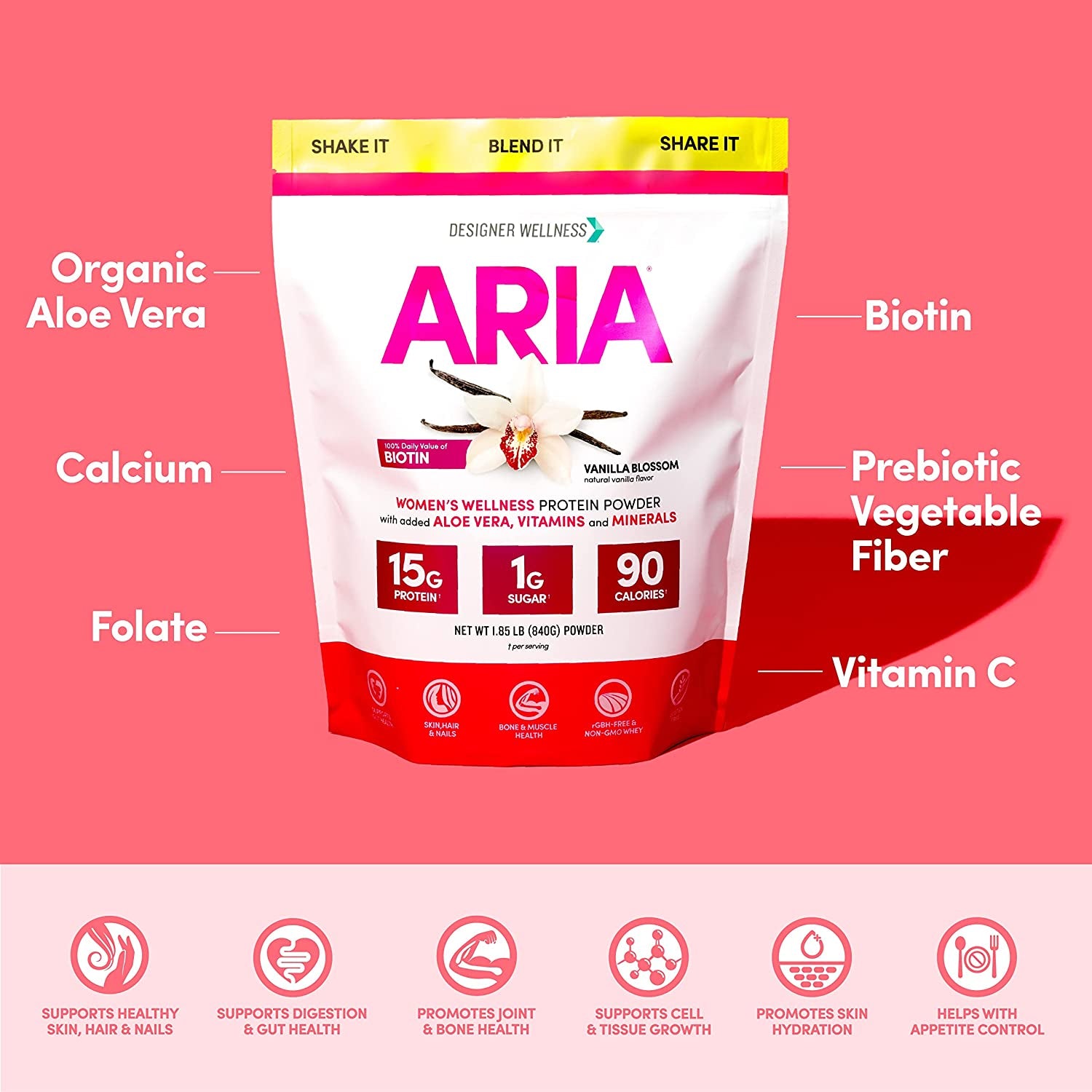 Designer Wellness, Aria, Women'S Wellness Low Calorie Vanilla Protein Powder with Biotin, Vitamin C and Organic Aloe, Vanilla Blossom, 1.85 Pound
