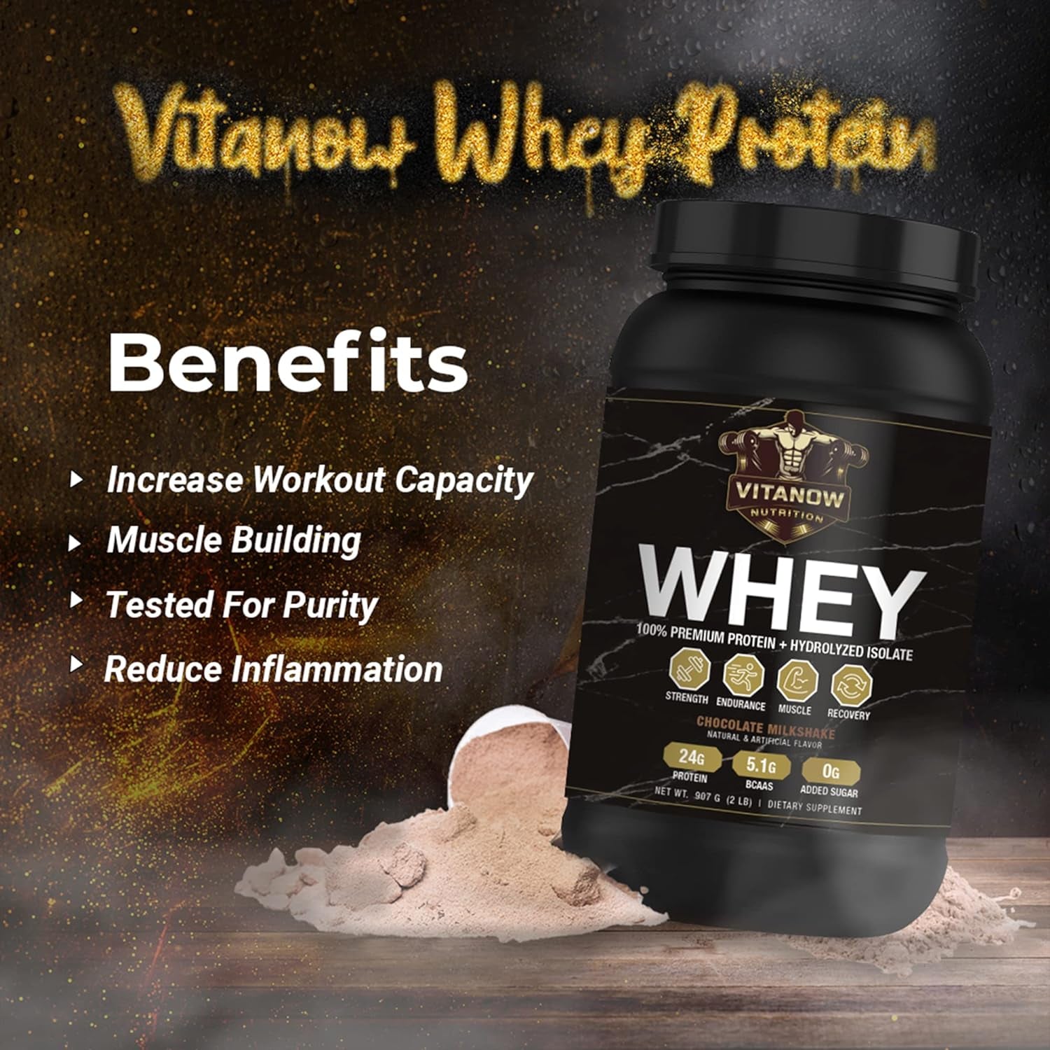 VITANOW NUTRITION Whey Premium Protein + Hydrolyzed Isolate, Sugar-Free, Natural and Artificial Flavor, BCAAS 5.1G, 907G, 28 Servings (Chocolate Milkshake)