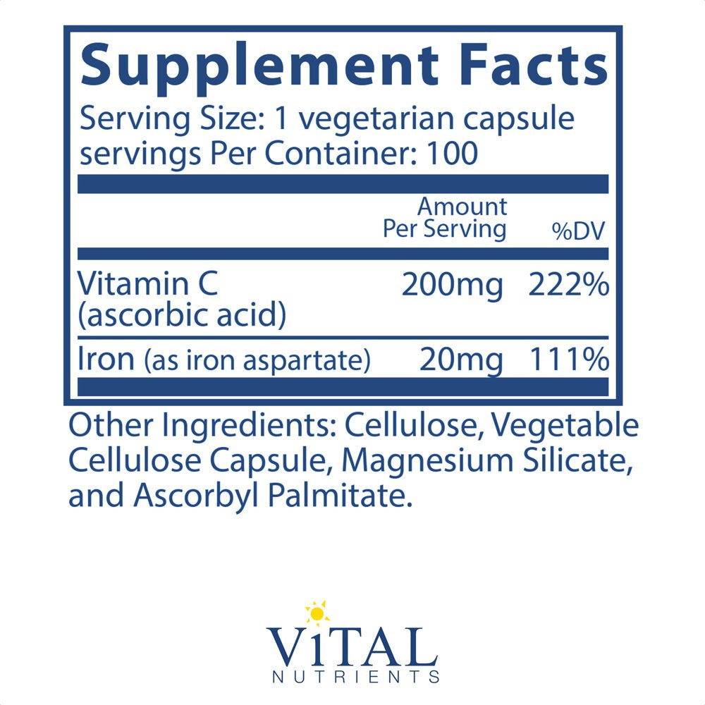 Vital Nutrients - Iron plus C - Supports Healthy Cognition and Energy Levels for Women and Men - 100 Vegetarian Capsules per Bottle - 20 Mg / 200 Mg