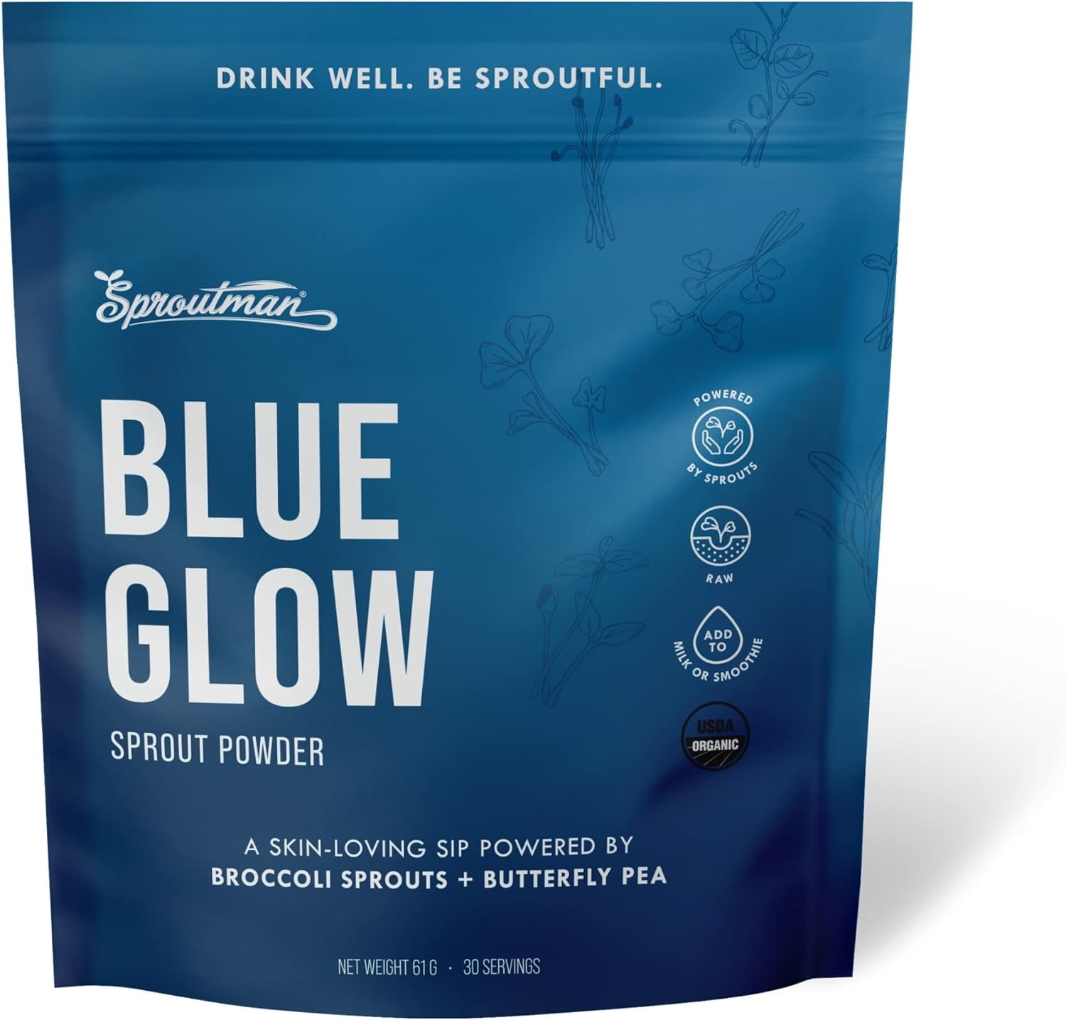 Blue Glow Sprout Powder: Skin Loving Super Blend with Broccoli Sprouts & Blue Butterfly Pea - Beautifully Blue Superfood Lattes & Smoothies - Rich in Adaptogens, Antioxidants & Vitamin C