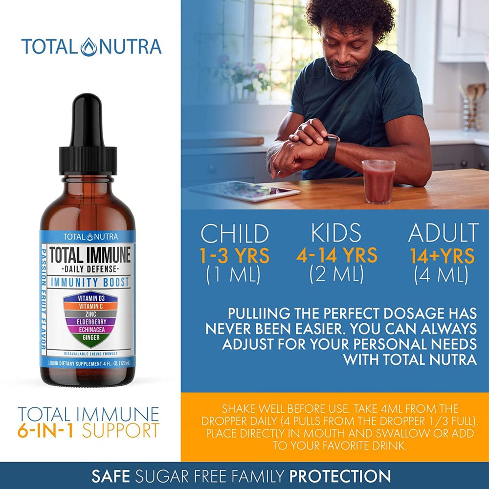 Total Nutra 6-In-1 Liquid Multivitamin Supplement - Immunity Drops - Elderberry, Echinacea & Ginger Defense Support for Adults & Kids - 4 Oz. Passion Fruit.