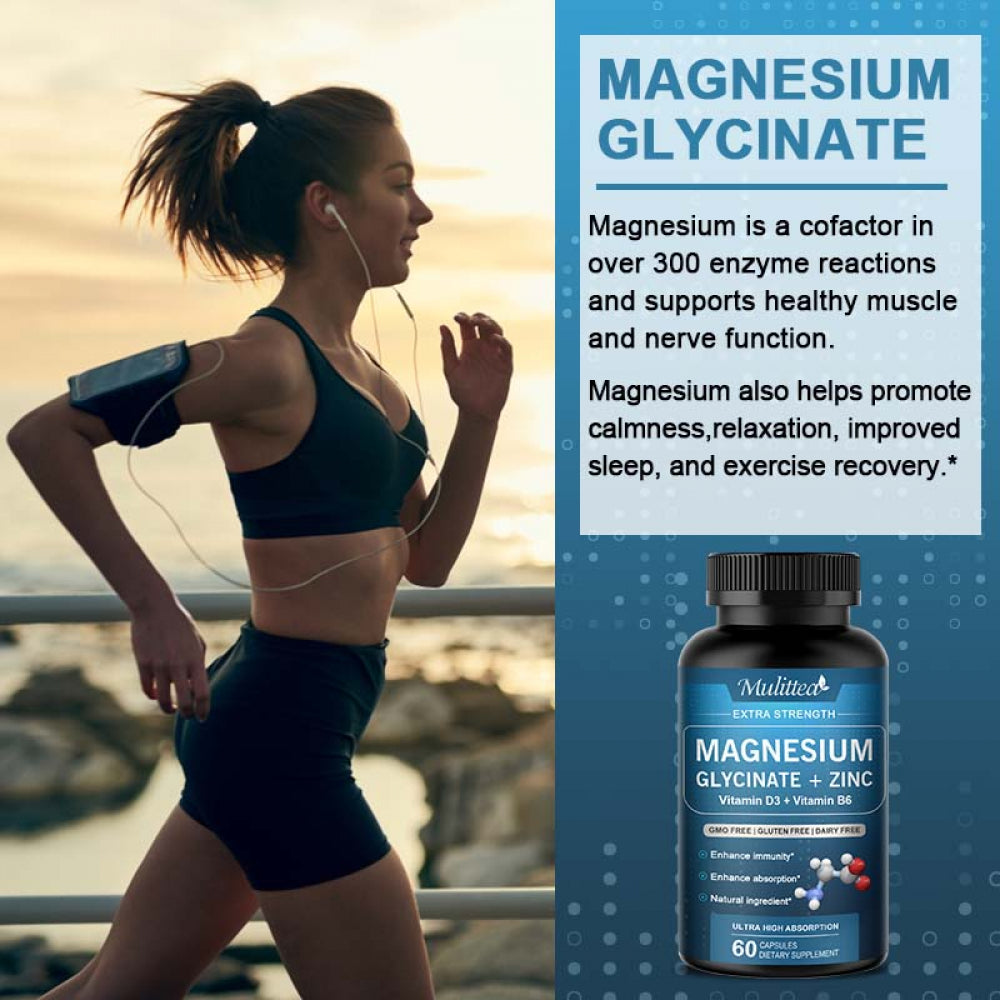 Mulittea Magnesium Glycinate 500Mg - Magnesium Glycinate Capsules with Zinc Vitamin D3 B6 - Chelated for Maximum Absorption - Improved Sleep Supporting Muscle Cramps, Brain Function, Heart Health