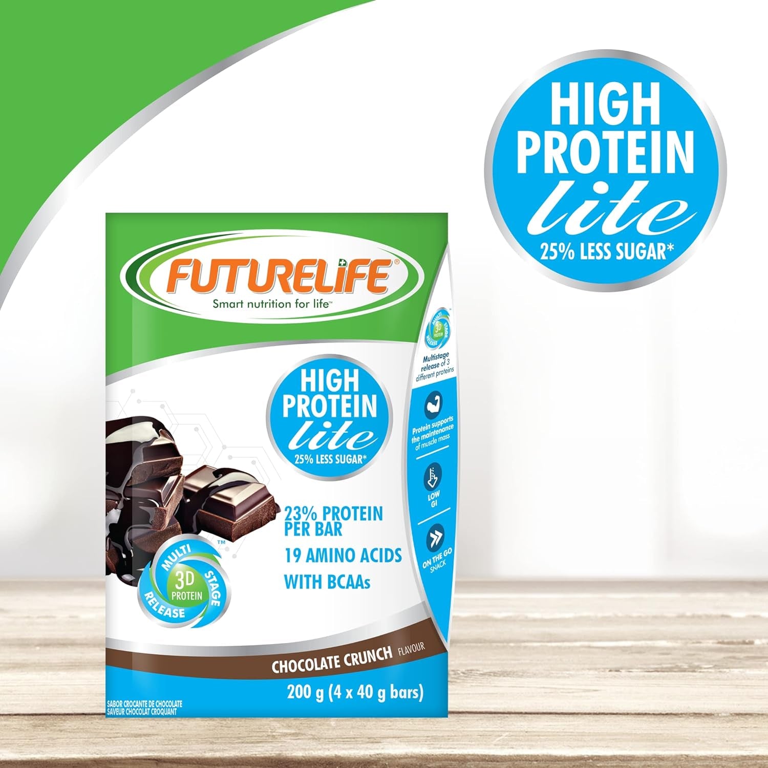 FUTURELIFE Smart Bars | High Protein & Lite Bar | 50G/1.76Oz a Bar | 25% Protein per Bar | 19 Amino Acids | Smart Release of Protein | 12.5G Protein per a Bar | Low GI | (Lite - Chocolate, 4)