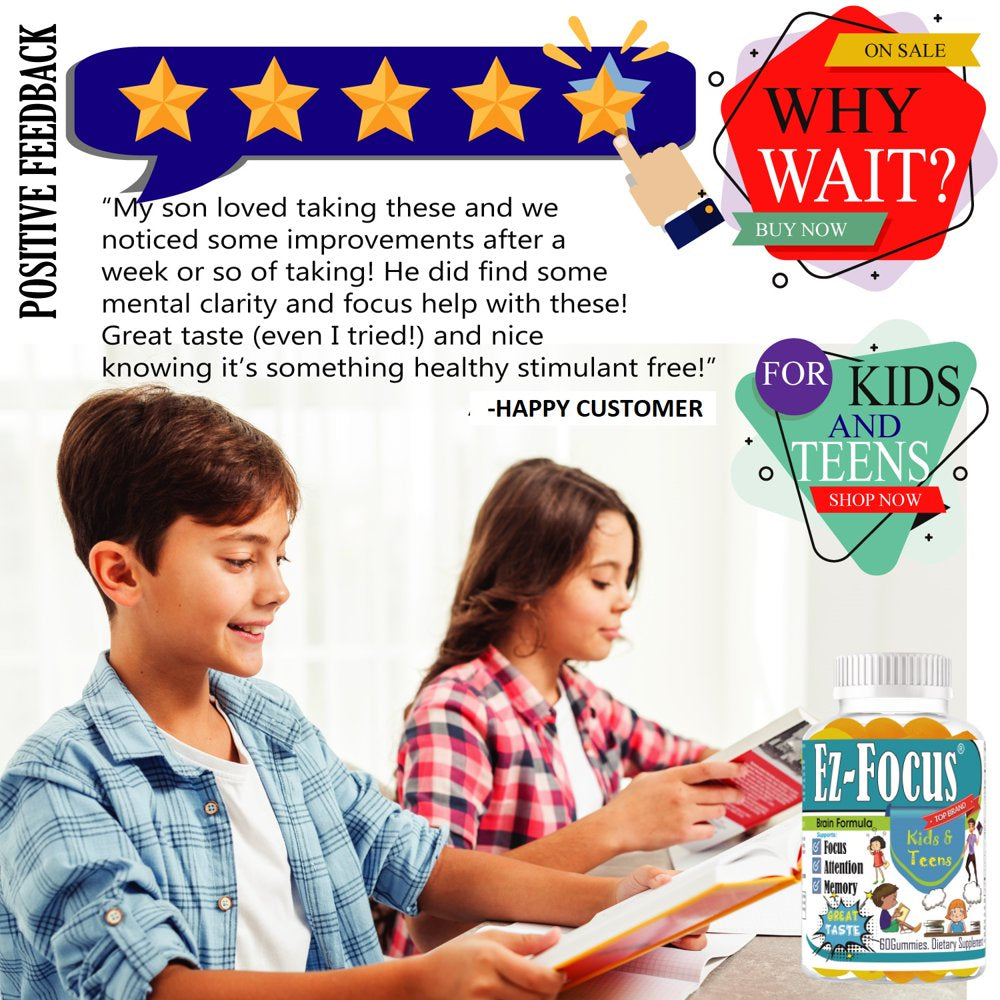 Kids Brain Booster Supplements Vitamins to Help Kids Focus. Help Boost Brain Focus, Attention, Memory for Childrens and Teens, Best Great Taste 60 Gummies