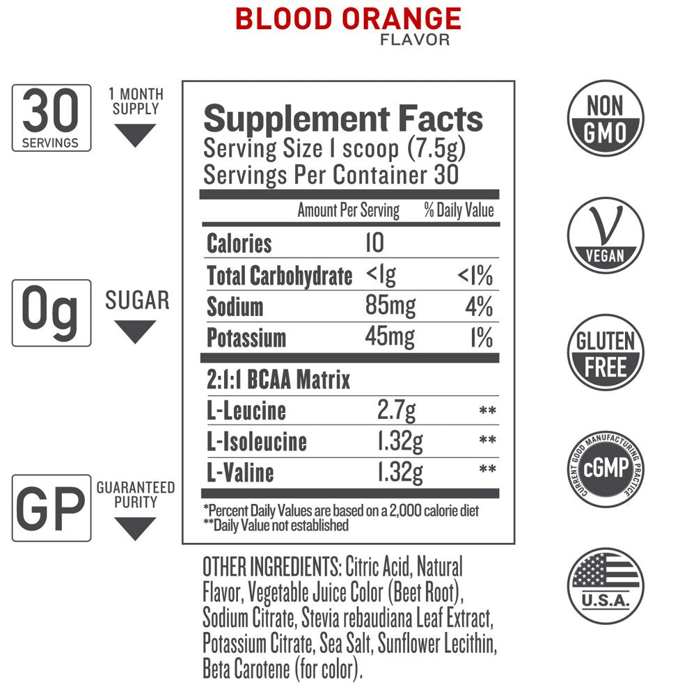 Vegan BCAA Powder - Blood Orange | Branched Chain Amino Acids | Pre/Post Workout Supplement