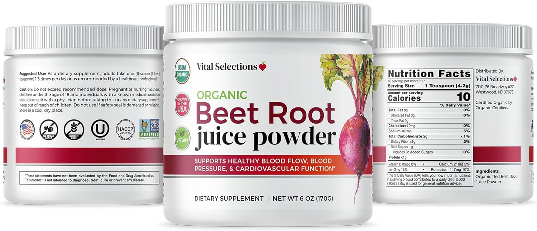 Vital Selections 100% Organic Beet Root Juice Powder, Highest Purity and Potency, USA Grown, Superior Beet Drying Technology, Maximum Nitric Oxide Boost for Cardio Support and Athletic Performance