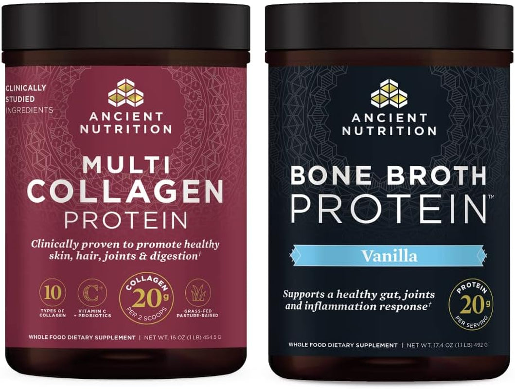 Ancient Nutrition Multi Collagen Protein Unflavored + Bone Broth Protein Vanilla