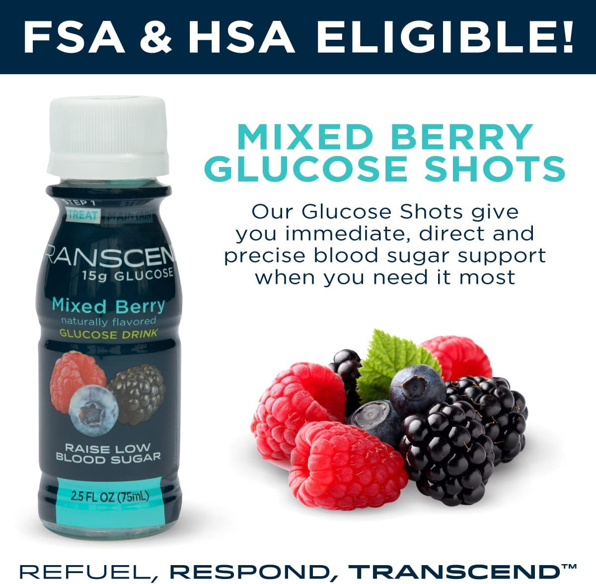 Transcend Glucose Shots - Mixed Berry - 12 Pack (2.5Oz Each) - Blood Sugar Support Liquid Glucose Shots for Diabetics - Fast Acting Glucose, Gluten Free, Vegan, Precise 15G Dose - Made in the USA