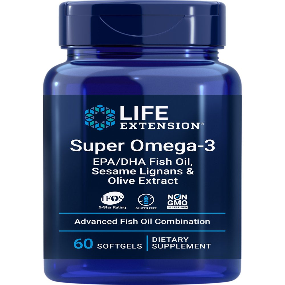 Life Extension Super Omega-3 EPA/DHA Fish Oil, Sesame Lignans & Olive Extract - Heart Health & Cholesterol Management, Inflammation Support - Non-Gmo - 60 Softgels