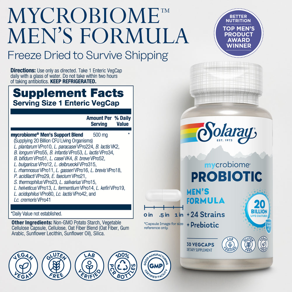Solaray Mycrobiome Probiotic Mens Formula | Specially Formulated for Men | Healthy Digestion, Immune Function & More | 30 Billion CFU | 30 Vegcaps