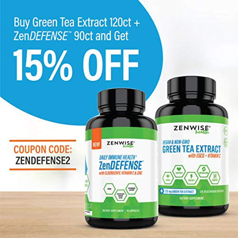 Zenwise Green Tea Extract with EGCG & Vitamin C - Antioxidant & Immune Supplement - Vegan Skin & Heart Support Brain Health & Memory Boost - 120 Count