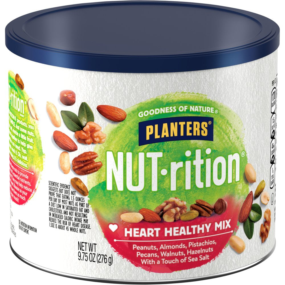 NUT-RITION Heart Healthy Nut Mix with Peanuts, Almonds, Pistachios, Pecans, Walnuts, Hazelnuts Sea Salt, 9.75 Oz Canister