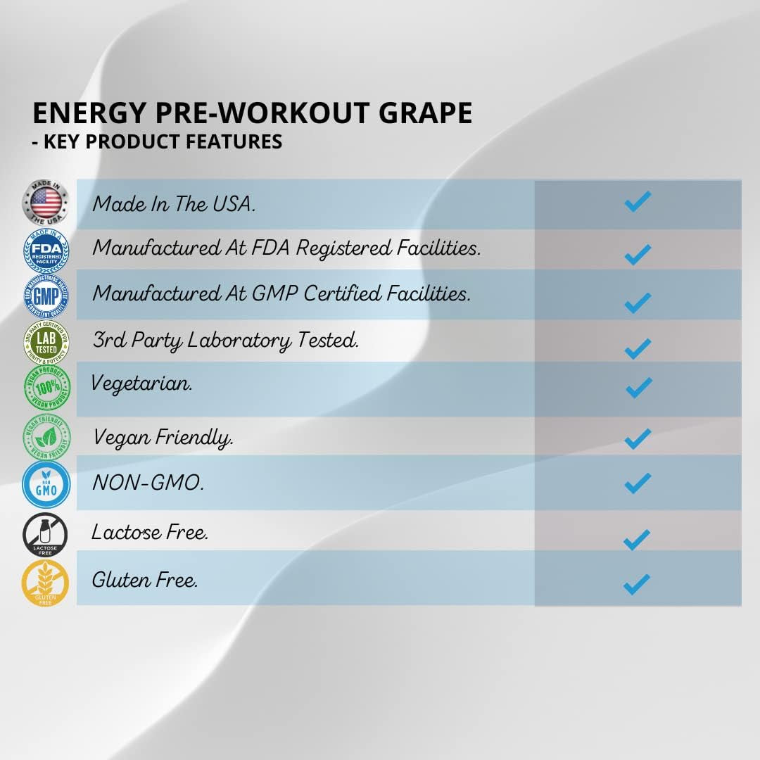 Energy Pre Workout Grape, 217.5 Grams, 7.76 Oz, Gluten Free, Non-Gmo, Vegan Friendly, Vegetarian, Lactose Free, FDA & GMP Certified