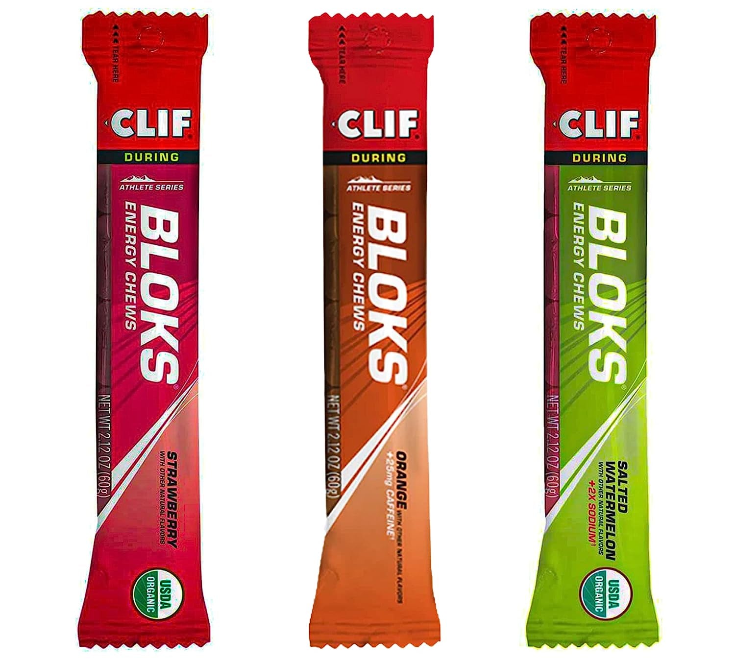 Energy Chews - CLIF BLOKS - 3 Flavor Variety Pack - Salted Watermelon - Orange - Strawberry - Non-Gmo - Plant Based Food - Fast Fuel for Cycling and Running - Workout Snack (2.1 Ounce Packet, 3 Count)