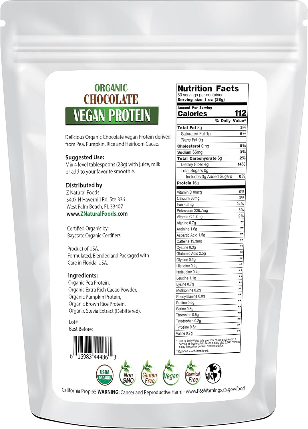 Z Natural Foods Organic Chocolate Vegan Protein Powder - Optimum Protein Blend Sourced from Pea, Brown Rice and Pumpkin with Cacao to Give a Delicious Chocolate Flavor Boost, Vegan, Stevia Sweetened