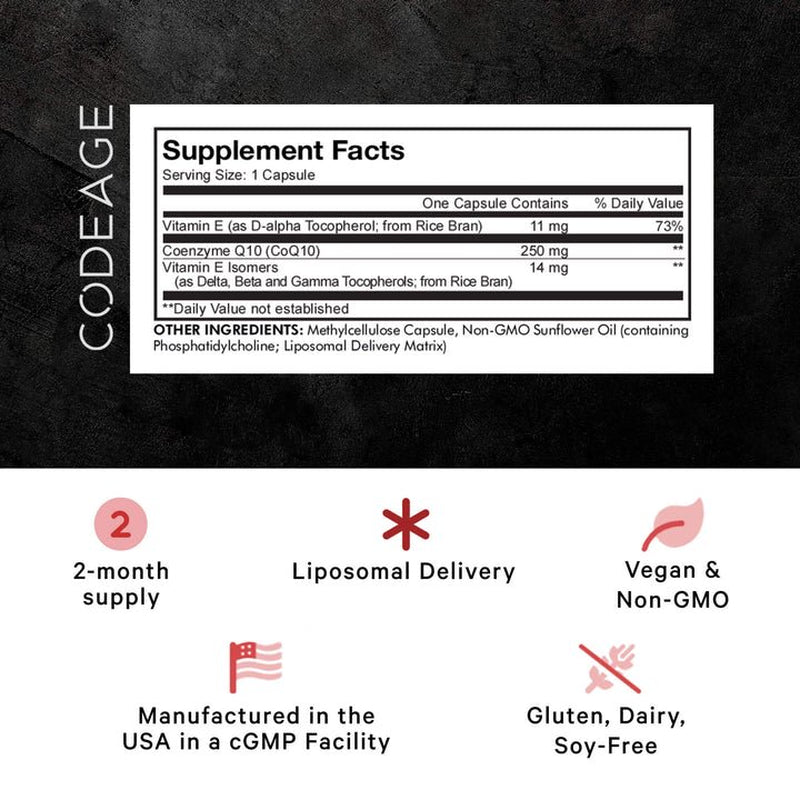 Codeage Liposomal Coq10, Vitamin E Tocopherols & 250 Mg Coenzyme Q10, Cardiovascular Support, 60 Ct