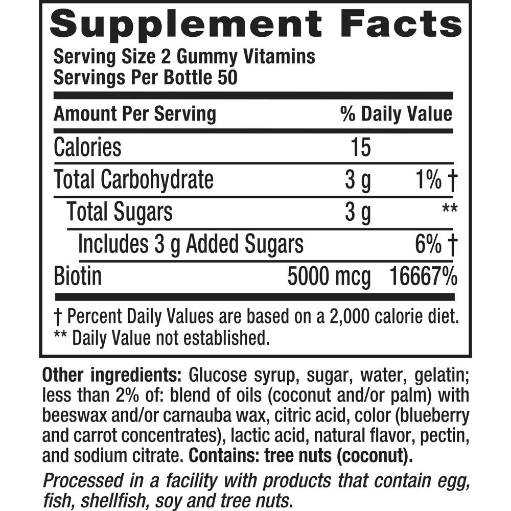 Vitafusion Extra Strength Gummy Biotin Vitamins, Blueberry Flavored, 100 Count