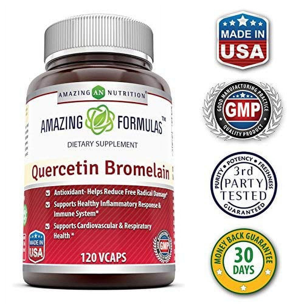 Amazing Nutrition- Quercetin 800 Mg with Bromelain 165 Mg, 120 Vcaps: a Potent Team Providing Amazing Health Benefits. Anti-Oxidant and Anti-Inflammatory Properties. Supports Heart Health