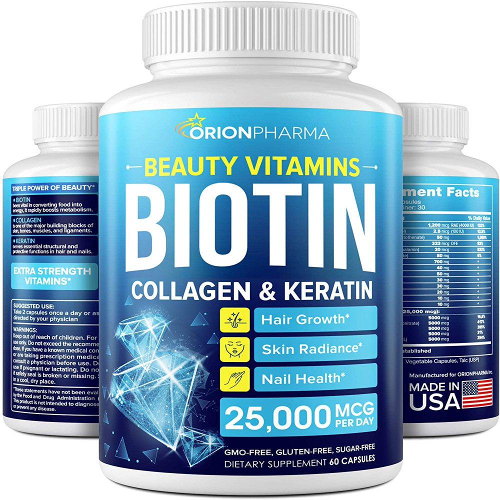 Biotin Keratin & Collagen Capsules - Made in USA - Natural Marine Collagen, Keratin & Biotin for Hair Growth - Biotin & Collagen Vitamins with Multi Collagen Peptides for Hair Loss, Skin & Nails