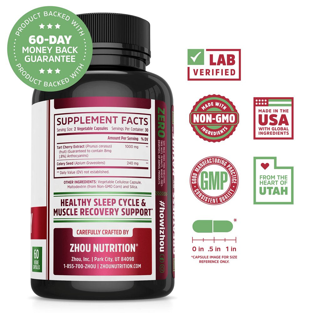 Zhou Tart Cherry Extract with Celery Seed | Advanced Uric Acid Cleanse for Joint Comfort, Healthy Sleep Cycles & Muscle Recovery | 30 Servings, 60 Veggie Caps